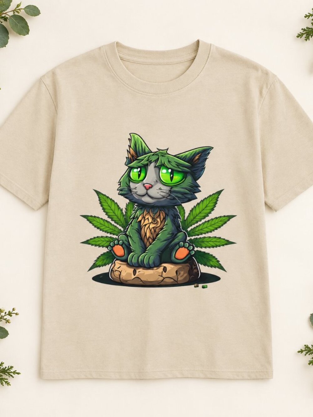 Green Leaf Cat T-Shirt Sand Cute Cartoon Animal Graphic Tee Unisex Softstyle